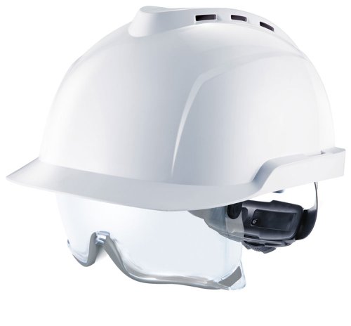 M-MSAGVC1 | Balanced, modern, low-profile vented helmet with integrated eye protection .6-point Fas-Trac® III ratchet suspension, integrated over spectacles with intelligent adjustment and innovative rubber seal. For use where top impact hazards to the head, UV and particle hazards to the eye exist. Made of ABS for strength and lateral crush protection (EN397 LD option), Modern, dynamic and sports styled shell, Channel around perimeter of the helmet diverts rain and debris from user, Ventilation holes placed for optimized airflow, The over spectacles have a premium anti fog and anti scratch coating to help ensure good visibility is maintained, Non-vented versions, badge & lamp holders, logo customization and stickers available upon request, Other colour helmet shells include Yellow, Red, Green, Blue and Orange, Conforms to the following Standards: EN397:2012 Safety industrial helmets EN166:2001 personal eye equipment (2C-1,2 1 B K N) 2C - UV filter with enhanced colour recognition 1,2 - Clear or amber ocular 1 Optical class 1 for permanent usage B - Resistance to medium energy impact 120 m/s KN - Resistance to Scratches (K) and to Fogging of oculars (N), Non-vented versions are certified electrostatic-INERIS for use in ATEX/explosive environments and EN 50365:2002 Insulating helmets for use on low voltage installations