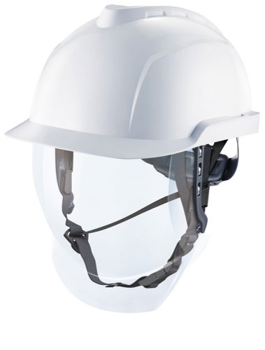 M-MSAGVF1A-80 | Balanced lightweight electrician’s safety helmet, non-vented, with 6-point Fas-Trac® III ratchet suspension and GS-ET-29 class 1 face shield certified for protection against arc flash. For use where top impact hazards to the head, chemical splash, Ultra-Violet radiation, molten metal splash or electric arc to the face exist. The helmet is made of ABS for strength and lateral crush protection (LD option), Modern, dynamic with sports styled shell, Low profile (patented visor mechanism which minimises helmet shell size), Channel around perimeter of the helmet diverts rain and debris from user, The face shield has premium anti-fog/anti-scratch coated visor fits over all corrective and safety glasses, 6-point Fas-Trac® III ratchet suspension with premium washable and replaceable sweatband, Complete with 4-point chinstrap for better helmet retention, Helmet delivered in a protective reusable storage bag, Compatible with hearing protection, Optional chin cup made with arc flash resistant materials, Arc flash ear flaps, badge & Lamp holders, logo customisation and stickers available upon request, Other colour helmet shells available - Yellow, Red, Green, Blue and Orange, Conforms to the following Standards, Anti-static assembly; certified electrostatic-INERIS for use in ATEX/explosive environments, Electrically insulating helmet meeting EN 397:2012 Industrial safety helmets 440 V AC and EN 50365 Insulating helmets for use on low voltage installations 1000 V AC, EN166:2001 personal eye equipment 2C-1,2 1 3 B 8-1-0 9 KN, GS-ET 29 Electric Arc, class 1, 4KA