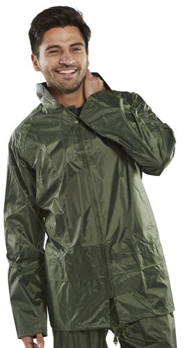 The Beeswift Nylon B-Dri Weather Proof Jacket is made from lightweight nylon with a PVC coating on the inside. The jacket features a zip front, concealed hood, lower front pockets with flap, studded cuffs, hip drawcord with fully taped seams.