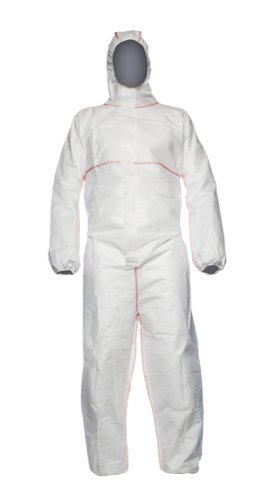 PROFRXXL | White, hooded coverall 3 piece hood. Elasticated face, wrist and ankles. Protection against particles and liquid splash. Must be worn over the top of a primary FR garment. Stitched external orange seams. Suitable for petrochemical, railway, welding and many other applications. Conforms to: CAT III, Type 5,6. EN 1073-2, EN 1149-5, EN 14116 Index 1