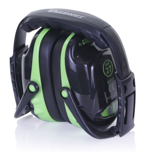 QED27 | Premium quality hearing protection with over the head ear defenders. Simple colour coding system quickly indicates the level of attenuation within the range. Unique cup design, Padded headband for user comfort over exteded periods, Soft foam ear cushions for wearer comfort, Ease of headband adjustment, Can be folded for easy storage, Lightweight materials, only 187g Suitable for use where the user is exposed to high levels of noise, such as industrial zones, construction sites and other noise hazard settings. EN352-1: 2002, SNR 27, H(dB) 33 M(dB) 25 L(dB) 16
