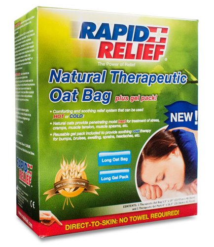 RA11240 | The patented Rapid Relief Natural Therapeutic Oat Bag delivers the deep, penetrating moist heat that radiates from all-natural oats in a long, rectangular wrap format. The extended shape is ideal for the neck, head, lower back and more. This innovative design features a pocket for the included cold gel pack to increase the intensity of the cold temperature therapy - an improvement in value and effectiveness over the competition. Features Ideal for neck, shoulders and back pain, 100% natural oats can be used hot or cold, Built-in pocket for included freezable gel pack for increased effectiveness and temperature span, Long, rectangular shape for concentrated application to specific areas, Direct-to-Skin, cosy material, Bi-lingual packaging (English and French) Application COLD THERAPY RELIEF:, Reducing inflammation, muscle spasms and pain, Reduction of swelling or bruising from minor injuries MOIST HEAT THERAPY RELIEF, Powerful, comforting heat to aid in the relaxation of sore muscles, Quickly and naturally soothes aches, cramps, pains and stress