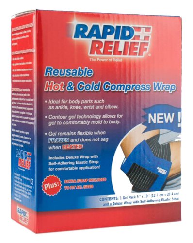 RA11250 | A convenient, non-medicinal and economical way to treat pain relief. Introducing, the Rapid Relief® Universal Reusable Hot & Cold Compress with wrap is designed to provide comforting cold or hot therapy in an effective reusable system. Our Form-Fit gel technology prevents gel from sagging; holds it shape and spreads evenly when gel is heated! The self adheringwrap compresses the area and holds the gel pack in place to target immediate relief. Features, Non-toxic gel, Flexible when frozen, safe for microwaveable use, Ideal for smaller body area such as: knee, ankle, elbow, wrist, hand, fingers, foot and toes, Includes extra strap:, Deluxe wrap with Velcro closures and an added strap to fit larger areas, Bi-lingual inner packaging (English and French) Application COLD THERAPY RELIEF:, Reducing inflammation, muscle spasms and pain, Reduction of swelling or bruising from minor injuries, Helps alleviate headache and migraine pain HOT THERAPY RELIEF:, Sore and stiff joints, Muscle aches and pain, Muscle tension and cramps