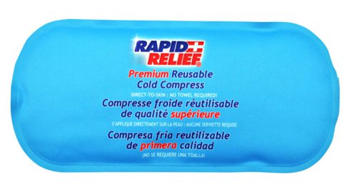 RA11251 | The patent pending Rapid Relief® Premium Reusable Cold Compress delivers quick cold therapy to reduce swelling and provide comfort after an injury. Manufactured with premium fabric and form-fitting gel that remains flexible when frozen, this product is designed to be applied directly to the skin and provide comforting relief, and is available in two sizes. Features, Temperature: Delivers approximately 3ºC/37ºF of cold therapy when stored in freezer, Contour-Gel technology allows the compress to contour to the body area being treated, yet remain flexible even when frozen, Direct-to-skin application, Bi-lingual packaging (English and French)  Applications COLD THERAPY RELIEF: *Reducing inflammation, muscle spasms and pain, Reduction of swelling or bruising from minor injuries, Helps alleviate headache and migraine pain