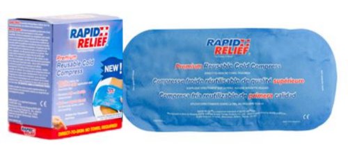 RA11251 | The patent pending Rapid Relief® Premium Reusable Cold Compress delivers quick cold therapy to reduce swelling and provide comfort after an injury. Manufactured with premium fabric and form-fitting gel that remains flexible when frozen, this product is designed to be applied directly to the skin and provide comforting relief, and is available in two sizes. Features, Temperature: Delivers approximately 3ºC/37ºF of cold therapy when stored in freezer, Contour-Gel technology allows the compress to contour to the body area being treated, yet remain flexible even when frozen, Direct-to-skin application, Bi-lingual packaging (English and French)  Applications COLD THERAPY RELIEF: *Reducing inflammation, muscle spasms and pain, Reduction of swelling or bruising from minor injuries, Helps alleviate headache and migraine pain