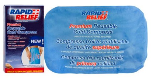 RA11270 | The patent pending Rapid Relief® Premium Reusable Cold Compress delivers quick cold therapy to reduce swelling and provide comfort after an injury. Manufactured with premium fabric and form-fitting gel that remains flexible when frozen, this product is designed to be applied directly to the skin and provide comforting relief, and is available in two sizes. Features, Temperature: Delivers approximately 3ºC/37ºF of cold therapy when stored in freezer, Contour-Gel technology allows the compress to contour to the body area being treated, yet remain flexible even when frozen, Direct-to-skin application, Bi-lingual packaging (English and French)  Application COLD THERAPY RELIEF:, Reducing inflammation, muscle spasms and pain, Reduction of swelling or bruising from minor injuries, Helps alleviate headache and migraine pain