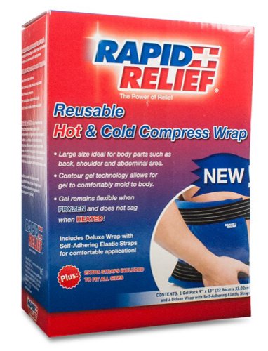 RA11290 | A convenient, non-medicinal and economical way to treat pain relief. The Rapid Relief® Universal Reusable Hot & Cold Compress with wrap is designed to deliver broad temperature therapy relief to the larger areas of the body that are so often the source of chronic soreness. Our Form-Fit gel technology prevents gel from sagging; holds it shape and spreads evenly when gel is heated! The selfadhering wrap compresses the area and holds the gel pack in place to target immediate relief. Features, Non-toxic gel, Flexible when frozen, safe for microwaveable use, Ideal to treat larger areas such as: back, shoulder, neck, abdominal area, lower back, Wrap with extra straps: deluxe wrap with Velcro closures and added straps to fit larger areas, Bi-lingual inner packaging (English and French) Application COLD THERAPY RELIEF:, Reducing inflammation, muscle spasms and pain, Reduction of swelling or bruising from minor injuries, Helps alleviate headache and migraine pain HOT THERAPY RELIEF:, Sore and stiff joints, Muscle aches and pain, Muscle tension and cramps