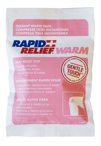 RA44346 | The Rapid Relief® Instant Warm Packs with patented Insta Gel technology deliver soothing warmth directly to the skin for therapeutic healing. Patented gel technology turns from liquid to a contouring gel when activated, allowing for the product to contour to each affected body part. Tested to retain heat much longer compared to other traditional instant warm packs. Features, Temperature: Delivers approximately 44ºC/111ºF of warm therapy when activated at room temperature, Gentle Touch technology, which means this product can be applied directly to the skin, FTP (fold-to-pop) technology, allowing the user to activate the warm pack simply by folding it in half, Direct-to-skin application with Gentle Touch technology, Tri-lingual packaging (English, Spanish and French) Application INSTANT WARM THERAPY RELIEF:, Arthritis pain, Relax sore muscles, Improve the flexibility of tendons and ligaments