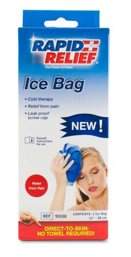 RA95530 | Designed to aid and comfort at home ailments such as headaches and fever. Made from a premium soft and comfortable material, the Rapid Relief Ice Bag is an economical and ideal way to treat inflammation, swelling, bruising and minor injuries. Features, Variety of applications; can be used on any body part, Quality cap: easy to open; extra-large opening wide enough to take whole ice cubes, No leakage or mess from melted ice cubes, Bi-lingual packaging (English and French)  Application, COLD THERAPY RELIEF:, Reducing inflammation, muscle spasms and pain, Reduction of swelling or bruising from minor injuries, Helps alleviate headache and migraine pain