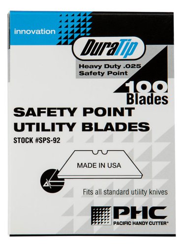 SPS-92 | The SPS-92 is a Standard Utility Knife Blade that features safety points for added safety The durable blade is designed to easily slice through a great variety of materials This blade is used in PHC QuickBlade models and other standard utility knifes The blades are packaged in a box of 100 blades and placed into paper tucks of five For added convenience and safety the SPS-92 Blades can also be used in our QBD-379 Blade Dispenser. Features, Used in PHC Utility Knives and other standard utility knifes, While the blade is still extremely sharp, the blunted safety tips help prevent puncture wounds, Long lasting high quality carbon steel, Super sharp and perfect for cutting a great variety of materials