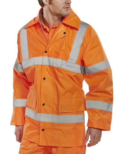 M-TJ8 | PVC coated 150D polyester. Concealed hood. Two-way heavy duty zip front with studded storm flap. 2 Lower pockets with flaps. Knitted storm cuffs. Fully taped seams. Retro Reflective Tape. EN ISO20471 Class 3 High Visibility, EN 343 Class 3 Resistance to Water Penetration Class 1 Air Permeability