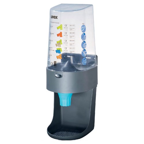 UV2112000 | The uvex ”one 2 click” earplug dispenser is a highly visible, robust wall mounted unit that can be situated at entrances to mandatory hearing protection areas. The ear plugs are dispensed with a simple twist mechanism that does away with the need for individual packaging, helping to reduce waste.. Easy to use dispenser puts hearing protection where it’s needed. Easy installation and a controlled release mechanism ensures the correct number of plugs are dispensed. The audible one2click system prevents over supply thus reducing waste and costs. The transparent design makes it easy to monitor the number of earplugs remaining. Located in convenient locations, the dispenser has sufficient capacity to supply large production areas with hearing protection at a favourable priceDispenser can be filled with following disposable plugs:UV2112022 uvex x-fit 300 pairs loose in refill boxUV2112023 uvex com4-fit 300 pairs loose in refill boxUV2112061 uvex xtra-fit 250 pairs loose in refill boxUV2112.118 uvex hi-com lime 300 pairs loose in refill boxUV112119 uvex hi-com beige 300 pairs loose in refill boxUV2124003 uvex xact-fit 400 pairs loose in refill boxUV2124013 uvex xact-fit detec 400 pairs loose in refill box