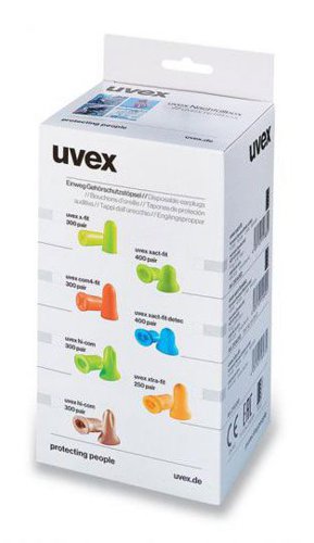 UV2112023 | 300 uncorded plugs â€“ bulk packed for use with uvex earplug dispenser- UV2112000* SNR 33 dB* Tapered shape that fits the natural shape of the ear canal. Easy, comfortable, secure fitting* X emboss helps reduce pressure on the ear canal as there is less material. Also aids easy and hygienic removal after use* Smaller size suitable for smaller ear canals or those new to earplugs* Low pressure sealed PU foam, reduces the potential for contamination and gently expands to fit the size and shape of the ear canal* Highly visible* Compatible with other items of PPEEN352-2 