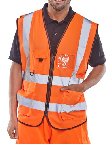 • Saturn yellow Hi Vis executive waistcoat• 100% Polyester• Front zip fastening• Two large front pockets with flaps• Mobile phone pocket with hook and loop fastening flap• Radio loop• Pen & pencil pockets• Transparent ID pouch pocket• Retro-reflective tape• Covered mesh back panel• EN ISO 20471 Class 2 high visibility