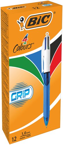 Bic 4 Colours Comfort Grip Ballpoint Pen 1mm Tip 0.32mm Line Blue/White Barrel Black/Blue/Green/Red Ink (Pack 12)