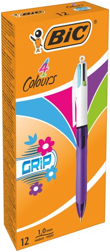 Bic 4 Colours Grip Fashion Ballpoint Pen 1mm Tip 0.32mm Line Purple Barrel Lime Green/Pink/Purple/Turquoise Ink (Pack 12)