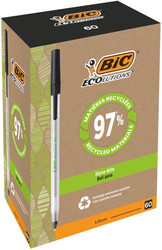 Bic Ecolutions Round Stic Ballpoint Pen 97% Recycled 1mm Tip 0.32mm Line Black (Pack 60) - 8932392