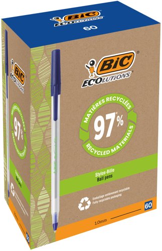 Bic Ecolutions Round Stic Ballpoint Pen 97% Recycled 1mm Tip 0.32mm Line Blue (Pack 60) - 8932402