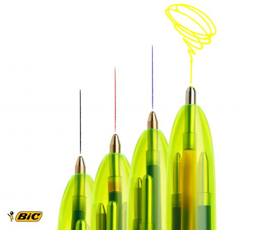 Bic 4 Colours Fluo Ballpoint Pen & Highlighter 1.0 Tip 0.32 Line & 1.6 Tip 0.42 Line Yellow/White Barrel Black/Blue/Red/Yellow Ink (Pack 12) - 933948 69255BC
