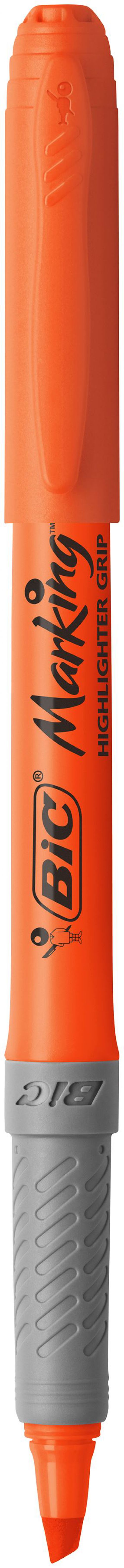 54244BC | BIC Highlighter Grip is a comfortable highlighter that is easy to use, as the textured rubber grip fits neatly in your hand. The water-based ink is fluorescent and available in orange. The chisel tip highlights at a width of between 1.6mm and 3.4mm, and it will not dry out if the cap is left off for up to 8 hours. It is a great choice for your home, school or office stationery.