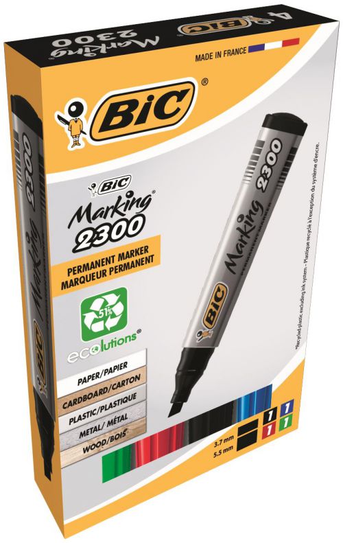 Bic Marking 2300 Permanent Marker Chisel Tip 3.7-5.5mm Line Assorted Colours (Pack 4)