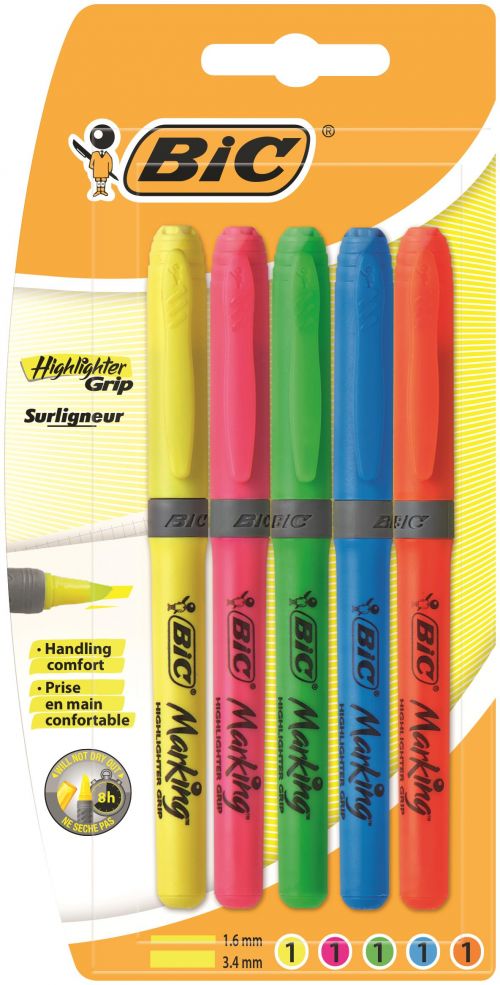 Bic Grip Highlighter Pen Chisel Tip 1.6-3.3mm Line Assorted Colours (Pack 5)  | County Office Supplies