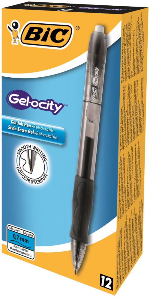 Bic Gel-ocity Grip Retractable Gel Rollerball Pen 0.7mm Tip 0.3mm Line Black (Pack 12)