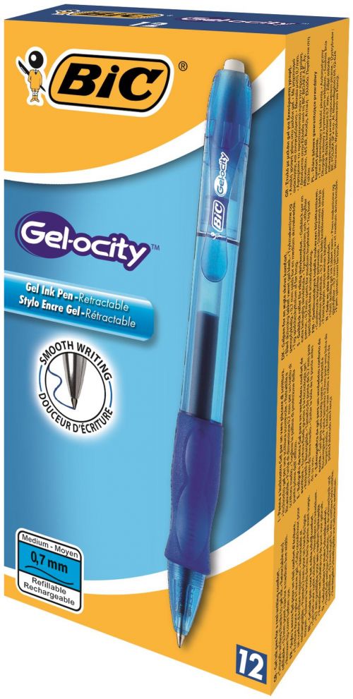 Bic Gel-ocity Grip Retractable Gel Rollerball Pen 0.7mm Tip 0.3mm Line Blue (Pack 12)