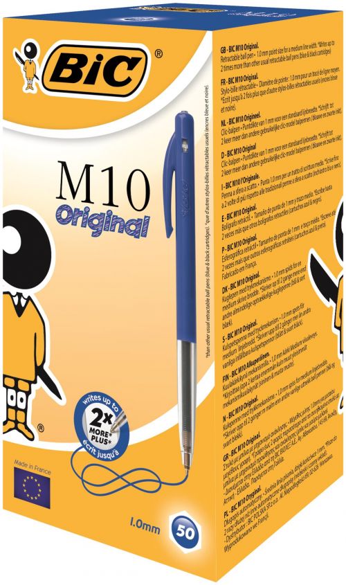 Bic M10 Clic Retractable Ballpoint Pen 1mm Tip 0.32mm Line Blue (Pack 50)