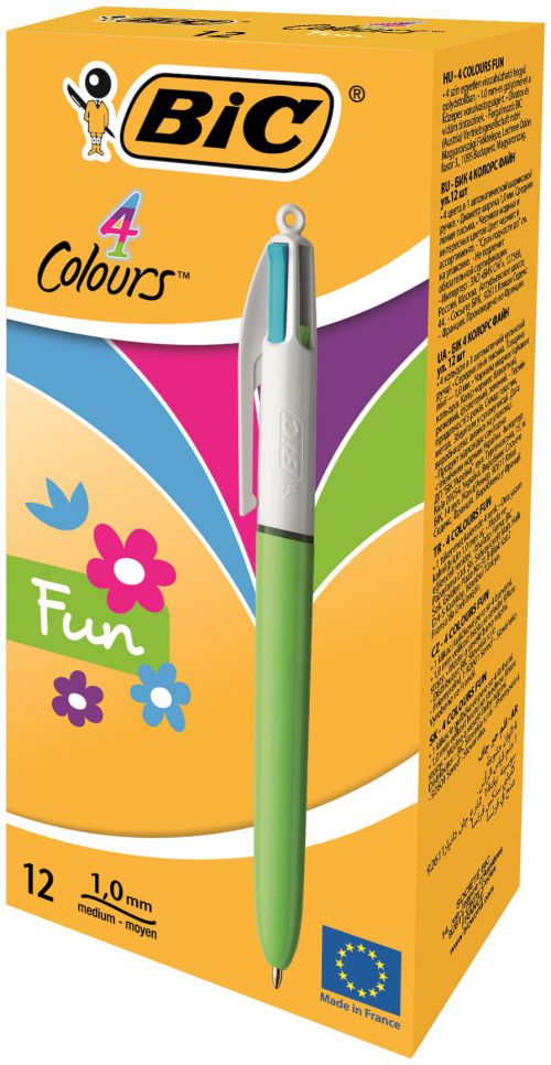Bic 4-Colour Fun Ball Pen 1.0mm Tip 0.32mm Line Pink Purple Turquoise Lime Green Ref 982870 [Pack 12]