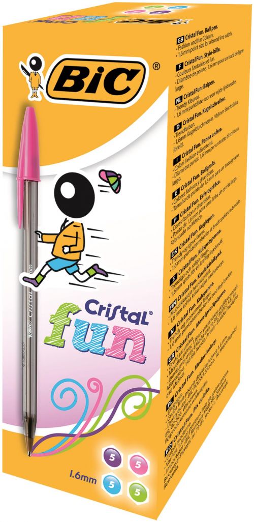 Bic Cristal Fun Ballpoint Pen 1.6mm Tip 0.42mm Line Lime Green/Pink/Purple/Turquoise (Pack 20) - 895793