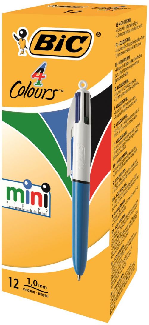 Bic 4 Colours Mini Blue & White Barrel Ballpoint Pen 1.0mm Tip 0.32mm Line Black/Blue/Green/Red Ink (Pack 12) - 895958