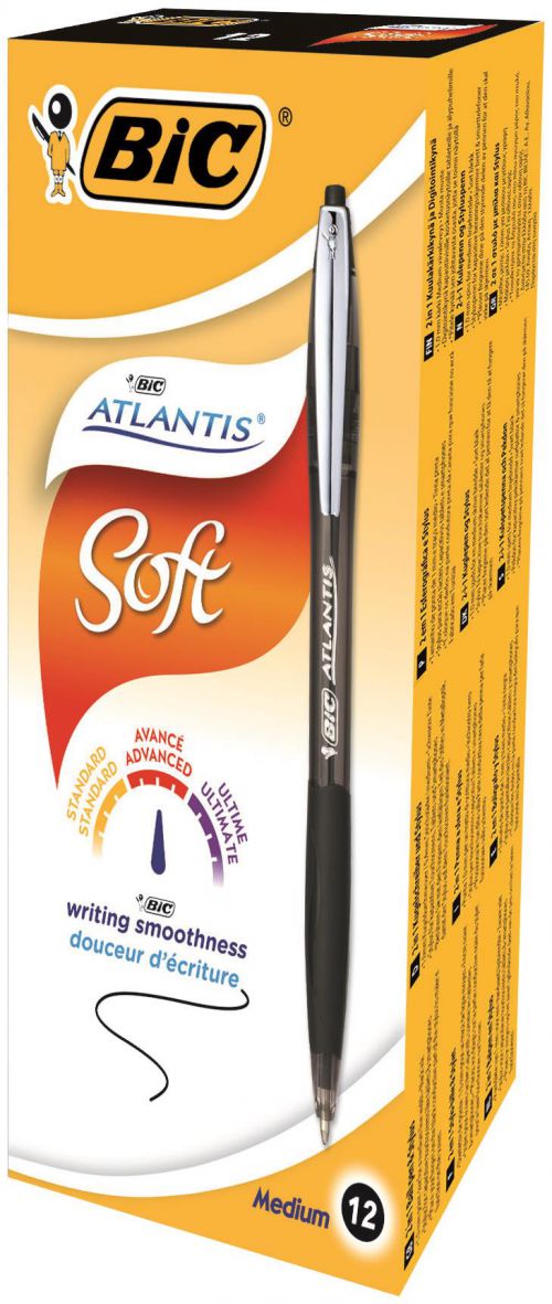 Bic Atlantis Soft Ball Pen Retractable Medium 1.0mm Tip 0.32mm Line Black Ref 9021332 [Pack 12]