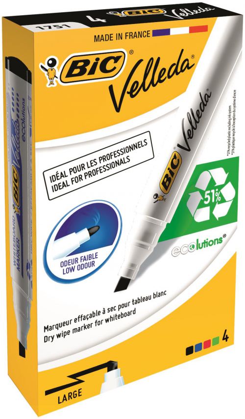 Bic Velleda 1751 Whiteboard Marker Chisel Tip 3.7-5.5mm Line Assorted Colours (Pack 4) - 904950