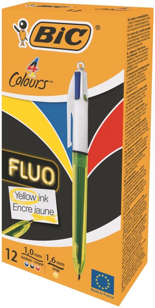 Bic 4 Colours Fluo Ballpoint Pen and Highlighter 1mm Tip 0.32mm Line and 1.6mm Tip 0.42mm Line Yellow/White Barrel Black/Blue/Red/Yellow Ink (Pack 12)