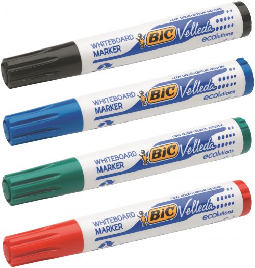 Bic Velleda Marker W/bd Dry-wipe 1751 Large Chisel Tip 3.7-5.5mm Line Width Assorted Ref 904950 [Pack 4] Bic