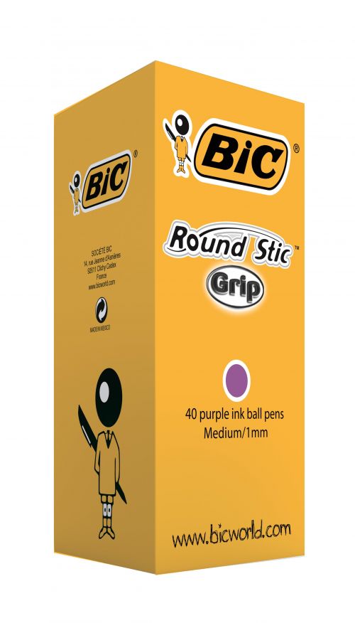 Bic Round Stic Grip Ballpoint Pen 1mm Tip 0.32mm Line Purple (Pack 40)