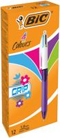 Bic 4 Colours Grip Fashion Ballpoint Pen 1mm Tip 0.32mm Line Purple Barrel Lime Green/Pink/Purple/Turquoise Ink (Pack 12) - 526294