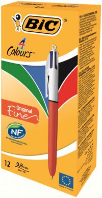 Bic 4 Colours Fine Ballpoint Pen 0.8mm Tip 0.30 Line Red/White Barrel Black/Blue/Green/Red Ink (Pack 12) - 982867