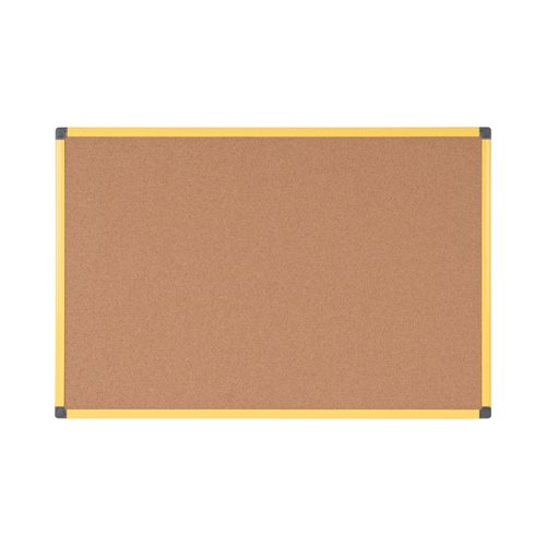 Bi-Office Ultrabrite Cork Notice Board, 600 x 450 mm  - Cork Surface, Yellow Aluminium Frame