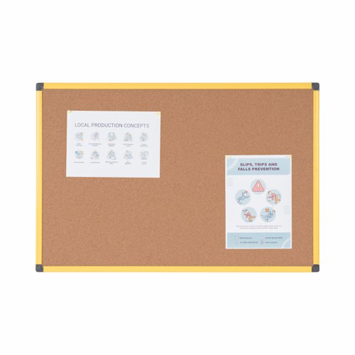 The Bi-Office Ultrabrite notice board features a cork surface that is self-healing, making it the perfect solution to post messages with any type of pins on the shop floor, warehouse, lean management spaces, industrial facilities' corridors, laboratories testing facilities, and many more. In fact, most spaces where notes, notices, images, photos, safety instruction, list and other information has to be posted for display. The highly visible yellow aluminium frame can be mounted both portrait or landscape due to the easy 4-corner mounting system.The product comes with wall fastening kit and a plastic pen tray that can be clipped onto the frame in any position.