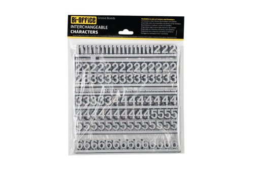 Bi-Office Changeable Letterboards Characters, 19 mm, Silver Colour, Numbers For Grooved Letterboards, 264 Characters Pack