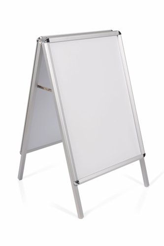 BQ76032 | This easy-to-use Bi-Office Info Board has a smart anodised aluminium frame and anti-glare PVC panel, that offers robust protection for posters and signs. Simply unclip the four edges and slip out the PVC panel to quickly and easily insert your poster for display. The stable A-frame design folds flat, allowing easy storage overnight or when not in use.