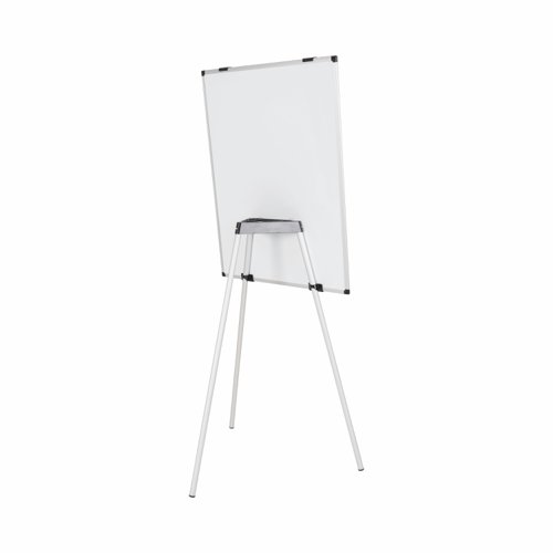 Bi-Office Earth Kyoto Flipchart Tripod Magnetic Easel with an aluminium frame is portable and versatile, making it the right choice for dynamic companies to improve work efficiency and manage space according to their needs. Take it to any workspace, office, or meeting room to brainstorm and present ideas. It's easy to carry to any required location because of its lightweight and simple yet sturdy structure, and can easily be packed away when not in use to save space. You can write or draw on a flipchart pad over the whiteboard surface, or just simply write, erase and rewrite directly on the board itself. The magnetic drywipe lacquered steel surface is suited for frequent use, easy to write on, clean, and use magnets to display items. Additionally, the board height can be adjusted on the 2 board supports placed on the legs and easily set to a comfortable position for the user. The 3 aluminium legs are sturdily connected together on top with a triangular plastic connector, that also serves as the accessories tray for the board markers, eraser, magnets, etc., and the back support for the board. Adjustable pad clamps to use with flipcharts are also included. Made from recycled materials, the Earth Kyoto easel was designed to meet the principles of a circular economy under the environmental sustainability model. This easel lifespan has been greatly increased: you can reuse and repurpose the detachable recycled parts as much as possible. They can be easily replaced or fixed if they get damaged. This also means you can customise it as you please and use the same structure with boards of different sizes and other accessories. Protecting our planet starts with each one of us: making sustainable choices is how you change the world for the better.