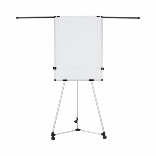 25745BS | Bi-Office Earth Kyoto Paper Roll Mobile Magnetic Easel with 2 extendable arms, a paper roll support, an acrylic ruler, and an aluminium frame is a portable and versatile solution. It's the right choice for dynamic companies to improve work efficiency and manage space according to their needs. Take it to any workspace, office, or meeting room to brainstorm and present ideas. It's easy to move to any required location because of its lightweight and simple yet sturdy structure, and with the mobile kit's 3 locking casters the mobility is even further improved. When not in use, it can easily be packed away to save space. You can write or draw on the paper roll over the whiteboard surface, or just simply write, erase and rewrite directly on the board itself. The magnetic drywipe lacquered steel surface is suited for frequent use, easy to write on, clean, and use magnets to display items. Pull out the extensible arms to post additional pages side by side to expand the collaborating area. Additionally, the board height can be adjusted 2 board supports placed on the legs and easily set to a comfortable position for the user. The 3 aluminium legs are sturdily connected together on top with a triangular plastic connector, that also serves as the accessories tray for the board markers, eraser, magnets, etc., and the back support for the board. Besides the 2 extendable arms, the paper roll support and the acrylic ruler, the flipchart pad clips are also included so that any standard flipchart pad can also be used. Made from recycled materials, the Earth Kyoto easel was designed to meet the principles of a circular economy under the environmental sustainability model. This easel lifespan has been greatly increased: you can reuse and repurpose the detachable recycled parts as much as possible. They can be easily replaced or fixed if they get damaged. This also means you can customise it as you please and use the same structure with boards of different sizes and other accessories. Protecting our planet starts with each one of us: making sustainable choices is how you change the world for the better.