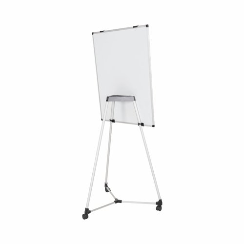25738BS | Bi-Office Earth Kyoto Flipchart Mobile Magnetic Easel with an aluminium frame is portable and versatile, making it the right choice for dynamic companies to improve work efficiency and manage space according to their needs. Take it to any workspace, office, or meeting room to brainstorm and present ideas. It's easy to move to any required location because of its lightweight and simple yet sturdy structure, and with the mobile kit's 3 locking casters the mobility is even further improved. When not in use, it can easily be packed away to save space. You can write or draw on a flipchart pad over the whiteboard surface, or just simply write, erase and rewrite directly on the board itself. The magnetic drywipe lacquered steel surface is suited for frequent use, easy to write on, clean, and use magnets to display items. Additionally, the board height can be adjusted on the 2 board supports placed on the legs and easily set to a comfortable position for the user. The 3 aluminium legs are sturdily connected together on top with a triangular plastic connector, that also serves as the accessories tray for the board markers, eraser, magnets, etc., and the back support for the board. Adjustable pad clamps to use with flipcharts are also included. Made from recycled materials, the Earth Kyoto easel was designed to meet the principles of a circular economy under the environmental sustainability model. This easel lifespan has been greatly increased: you can reuse and repurpose the detachable recycled parts as much as possible. They can be easily replaced or fixed if they get damaged. This also means you can customise it as you please and use the same structure with boards of different sizes and other accessories. Protecting our planet starts with each one of us: making sustainable choices is how you change the world for the better.
