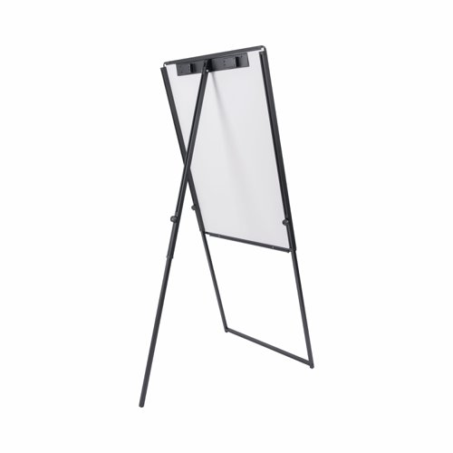 Bi-Office Flipchart Footbar Non-magnetic Easel with aluminium frame and structure. Portable and versatile, this easel is the right choice for presentations. Dynamic businesses can improve efficiency and manage space according to their needs. It's easy to carry to any required location because of its lightweight yet stable footbar structure. Take it to any workspace, office, or meeting room, and brainstorm and present ideas. The black structure and frame bring a contemporary touch and match nicely with many décor styles. Plus, it's height-adjustable, so it can be set to a more comfortable position for the user. Fold it away when you're done if you want to save space. The dry-wipe surface is suited for moderate use, writing, and erasing. You can write or draw on a flipchart pad or directly on the board. The adjustable clamp fits any standard flipchart pads. Includes a full-length tray to place dry-wipe markers within reach.