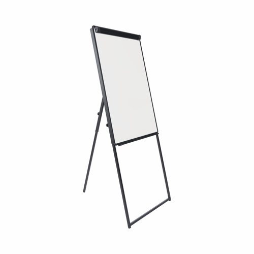 Bi-Office Flipchart Footbar Magnetic Easel with aluminium frame and structure. Portable and versatile, this easel is the right choice for presentations. Dynamic businesses can improve efficiency and manage space according to their needs. It's easy to carry to any required location because of its lightweight yet stable footbar structure. Take it to any workspace, office, or meeting room, and brainstorm and present ideas. The black structure and frame bring a contemporary touch and match nicely with many décor styles. Plus, it's height-adjustable, so it can be set to a more comfortable position for the user. Fold it away when you're done if you want to save space. The dry-wipe lacquered steel surface is suited for frequent use, writing, and erasing. You can write or draw on a flipchart pad or directly on the board, and use magnets to display items. Get the best results by mixing different methods, making communication more efficient. The adjustable clamp fits any standard flipchart pads. Includes a full-length tray to place dry-wipe markers within reach.