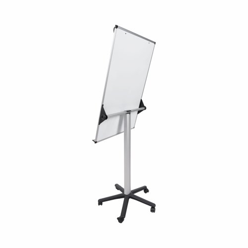 Bi-Office Earth Flipchart Mobile Non Magnetic Easel with a slim aluminium frame. The dry wipe surface is suited for moderate use, easy to write on and to clean. Portable and versatile, this easel is the right choice for presentations. You can use our whiteboard to write or draw on a flipchart pad or directly on the board. Get the best results by mixing different methods, making communication more efficient. Dynamic companies can improve efficiency and manage space according to the needs of the moment. Fully mobile with 5 locking casters, it's easy to carry to any required location because of its lightweight yet sturdy and durable structure with black details. Take it to any workspace, office or meeting room, and brainstorm and present ideas. Also, the board angle adjustment allows you to set it to the desired ergonomic position for the user. Includes an adjustable clamp to use with Euro flipchart pads and a full-length pen tray for the flipchart or dry wipe markers. The Earth easel is a Cradle to Cradle™ certified product! Its recycled and recyclable components match our company’s green mindset. Protecting our planet starts with each one of us: making sustainable choices is how you change the world for the better.