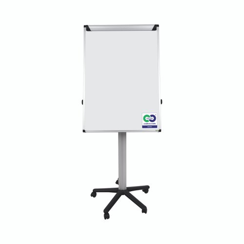 45228BS | Bi-Office Earth Flipchart Mobile Non Magnetic Easel with a slim aluminium frame. The dry wipe surface is suited for moderate use, easy to write on and to clean. Portable and versatile, this easel is the right choice for presentations. You can use our whiteboard to write or draw on a flipchart pad or directly on the board. Get the best results by mixing different methods, making communication more efficient. Dynamic companies can improve efficiency and manage space according to the needs of the moment. Fully mobile with 5 locking casters, it's easy to carry to any required location because of its lightweight yet sturdy and durable structure with black details. Take it to any workspace, office or meeting room, and brainstorm and present ideas. Also, the board angle adjustment allows you to set it to the desired ergonomic position for the user. Includes an adjustable clamp to use with Euro flipchart pads and a full-length pen tray for the flipchart or dry wipe markers. The Earth easel is a Cradle to Cradle™ certified product! Its recycled and recyclable components match our company’s green mindset. Protecting our planet starts with each one of us: making sustainable choices is how you change the world for the better.
